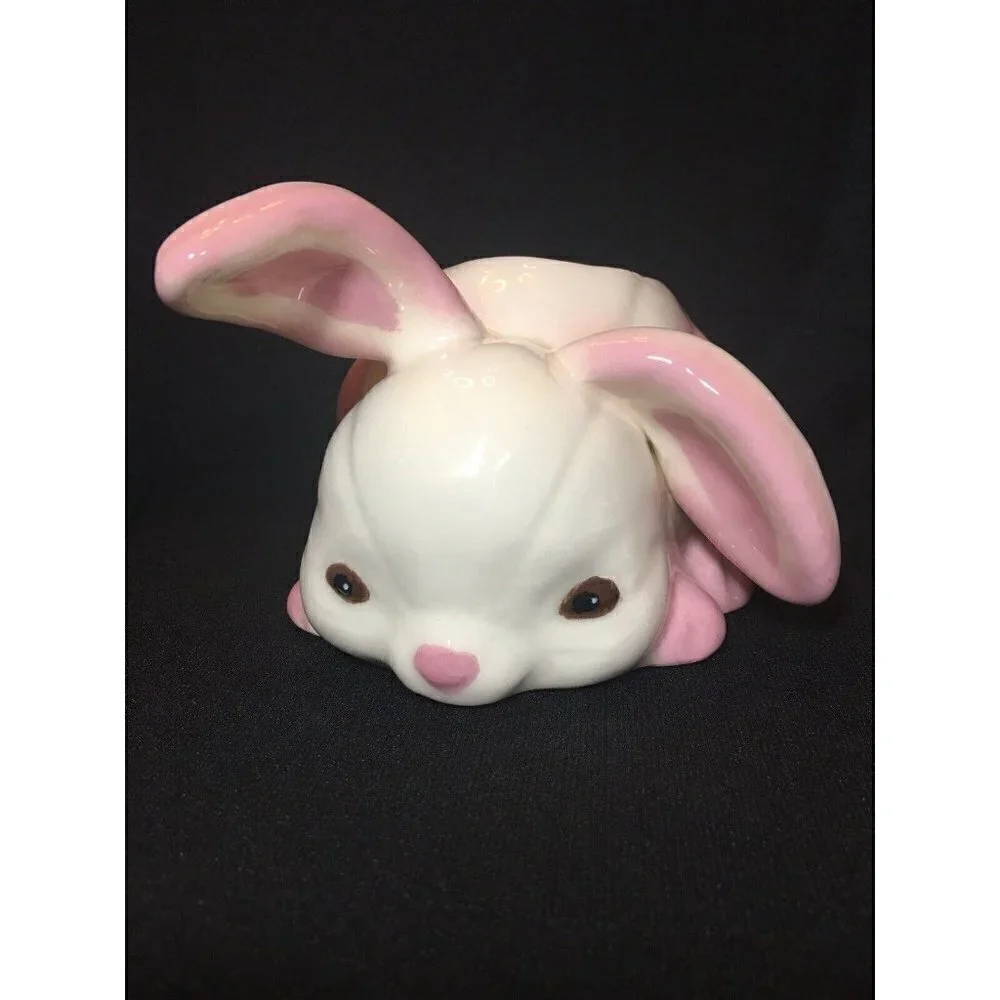 Vintage Ceramic White & Pink Bunny Planter. Hobby Piece. 7 X 3.75”